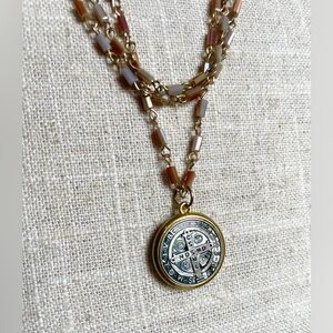 Gold St. Benedict Medallion 3 Layer Faceted Tube Bead Necklace